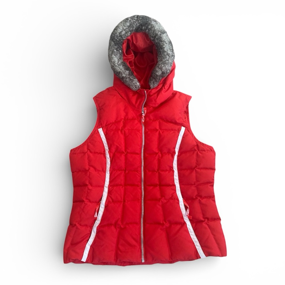 Eddie Bauer Goose Down Red Puffer Vest Women’s Large Hooded Insulated Outdoor